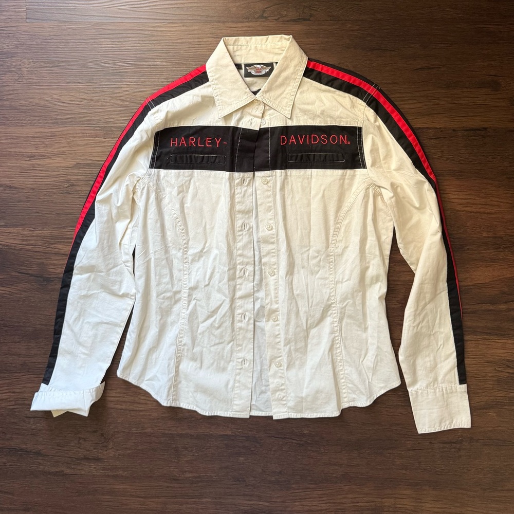 Harley Davidson Women’s Cotton Button Down Shirt Striped‎ Embroidered Small